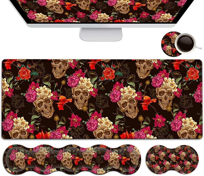 Black Mouse PadKeyboard Mouse Pad SetExtended Gaming Mouse Pad + Memory Foam Keyboard Wrist Rest Support Rose Flower Skull Office Desk Mat Writing Pad Easy Typing XXL Large Mousepad Desk Mat