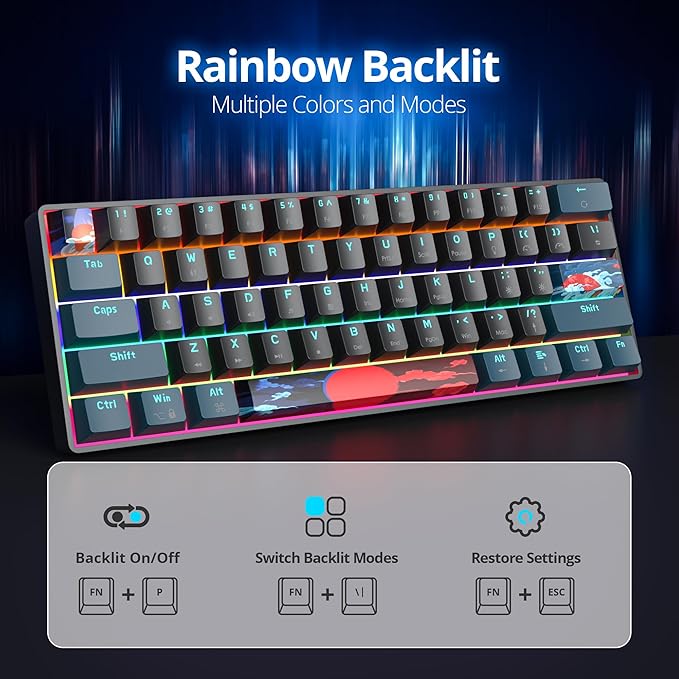 60 Percent Gaming Keyboard 61 Keys Portable Mechanical Keyboard Rainbow Backlit Ultra Compact Wired Keyboard Red Switch for PC Laptop Gamer(61 Monster-B)