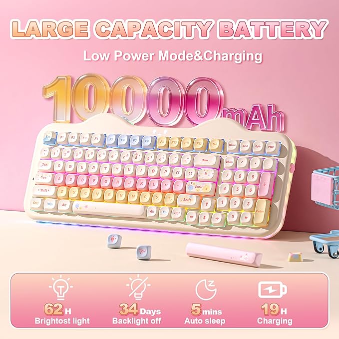 YUNZII C98 Wireless Mechanical Keyboard with Number Pad99 Key BT5.0/2.4G/USB-C Hot Swap Gasket Mount with PBT MOA KeycapsCustom RGBCute Cake Keyboard for Win/Mac (Beige Milk V2 Linear Switch)