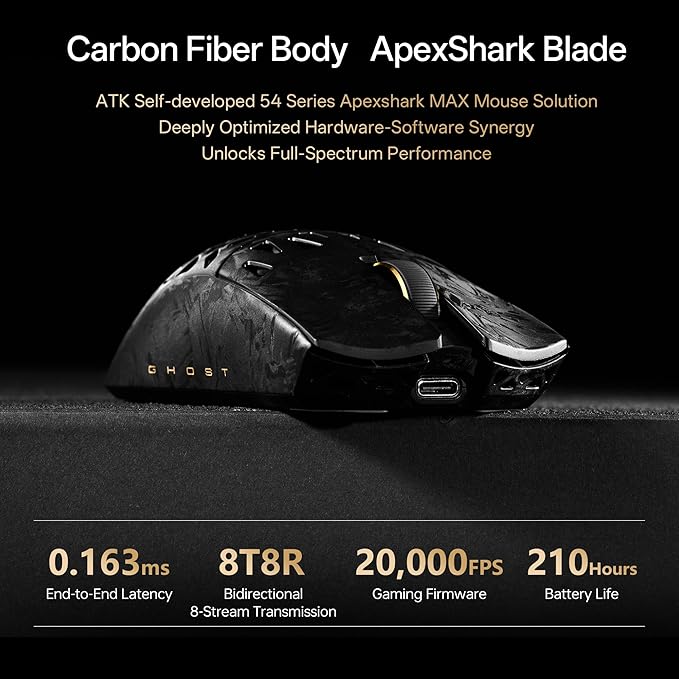 ATK Blazing Sky Ghost Hollow Carbon Fiber Wireless Gaming MousePAW3950 Ultra Sensor Nordic 54L15 8k Poling 48g Tri-Mode 2.4G/Bluetooth/Wired