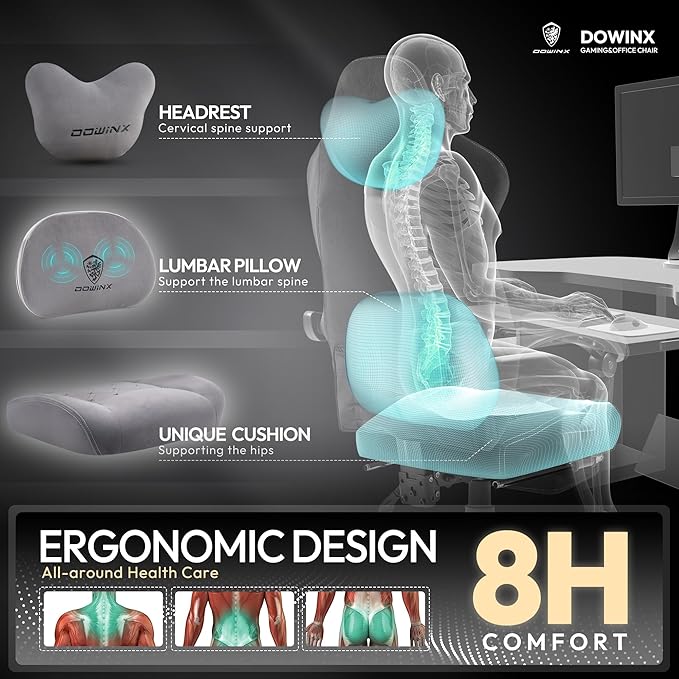 Dowinx Fabric Gaming Chair with Heated Massage Lumbar Support Gaming Chairs for Adults Big and Tall Gamer Chair with Pocket Spring Cushion and Footrest Ergonomic Recliner Computer Chair Grey