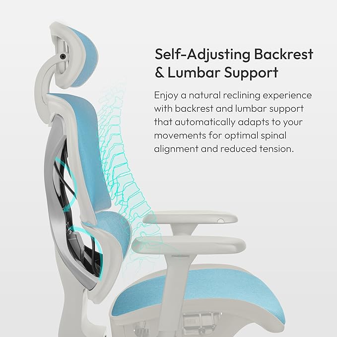 ThunderX3 XTC Ergonomic Office Chair for Adults Gaming Chair High Back Desk Chair Synchronous Tilt Self-Adjusting Lumbar Support and Backrest Adjustable Headrest Chroma Mesh White Blue