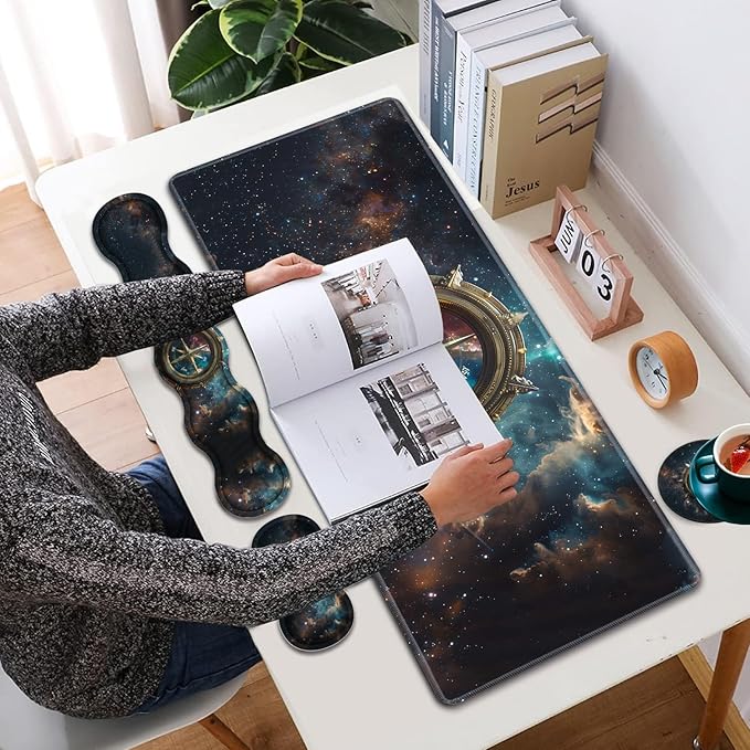 Large XXL Gaming Desk Mat 31.5x 11.8 Ergonomic Keyboard Wrist Rest &amp Mouse Pad Wrist Rest + Coaster Set Non-Slip Base Memory Foam Office and Home Space Compass