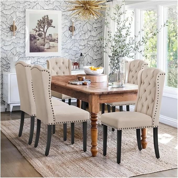 Adjustable Office Computer Chair with Armrest 1pcs Beige Upholstered Tufted Button Backrest Fabric Dining Chairs with Solid Wood Legs