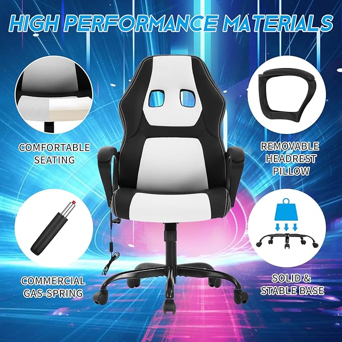 Video Gaming Chair with Massage Function Ergonomic Computer Desk Chairs Home Office Desk Chair with Lumbar Support Adjustable Height Swivel Wheels White