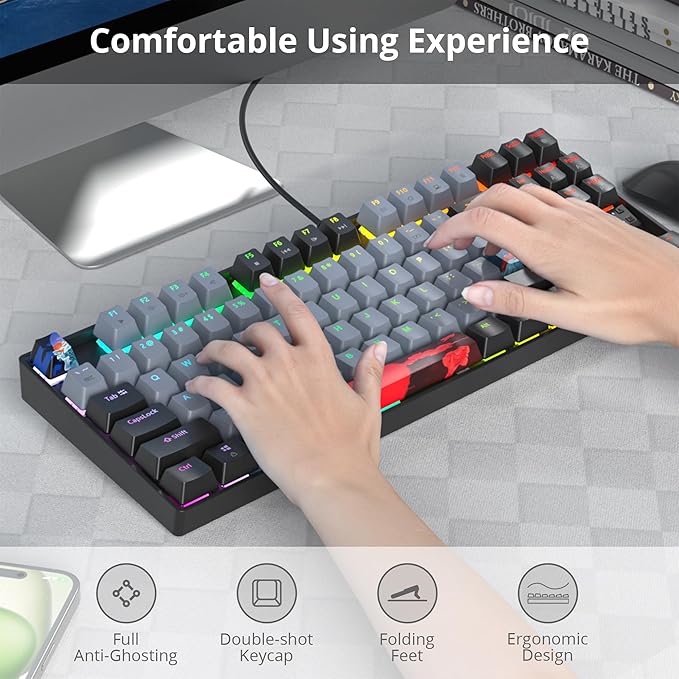 75% Mechanical Gaming Keyboard with Red Switch RGB LED Backlit Keyboard Grey 87 Keys Compact TKL Wired Computer Keyboard for Windows Laptop PC Gamer (87 Dolch)