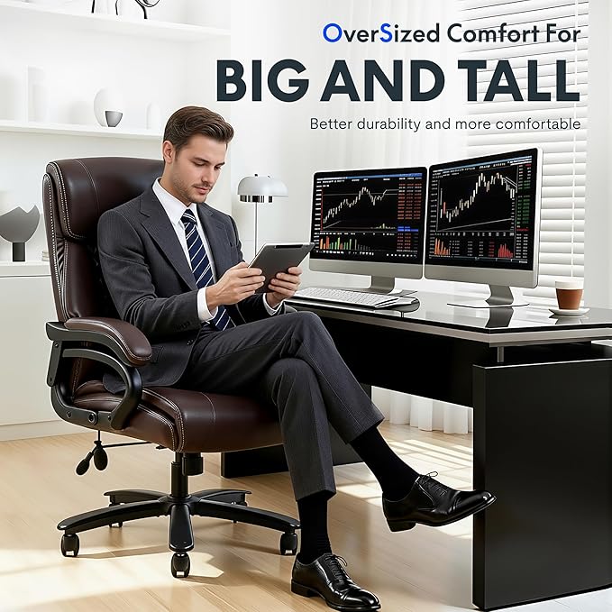 FLEXISPOT 500lbs Big and Tall Office Chair for Heavy People Heavy Duty Computer Chair with Stable Arms Adjustable Lumbar Support Metal Base Desk Chairs for Home Office Gaming Working Leather Brown