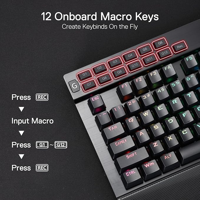 Redragon K550 RGB Gaming Keyboard 104 Keys + 12 Macro G Keys Wired Mechanical Keyboard w/Aluminum Top Plate Custom Clicky Purple Switch Extra USB Port &amp Wrist Rest