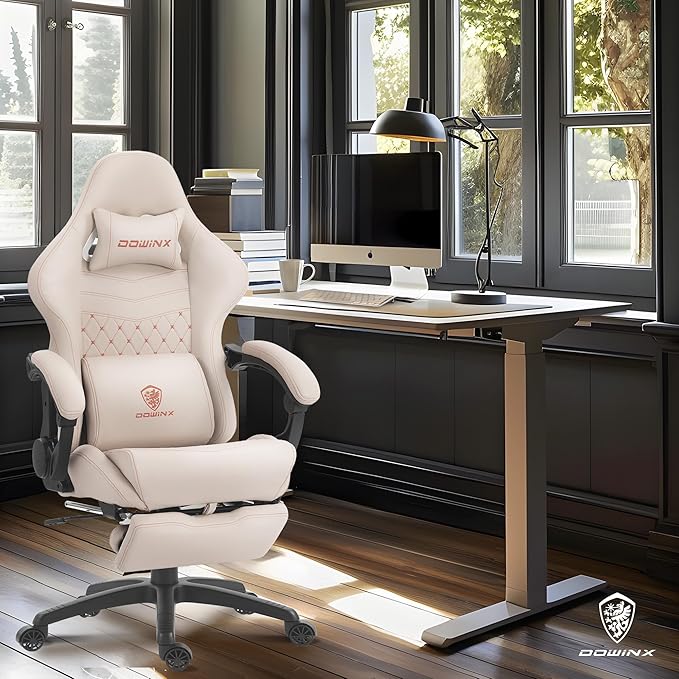Dowinx Gaming Chair Big and Tall with Dual Extended Footrest &amp Massage Ergonomic Reclining Computer Chair for Adults Racing-Style Gamer Chair 400lbs Capacity Heavy Duty Office PC Chair (White)