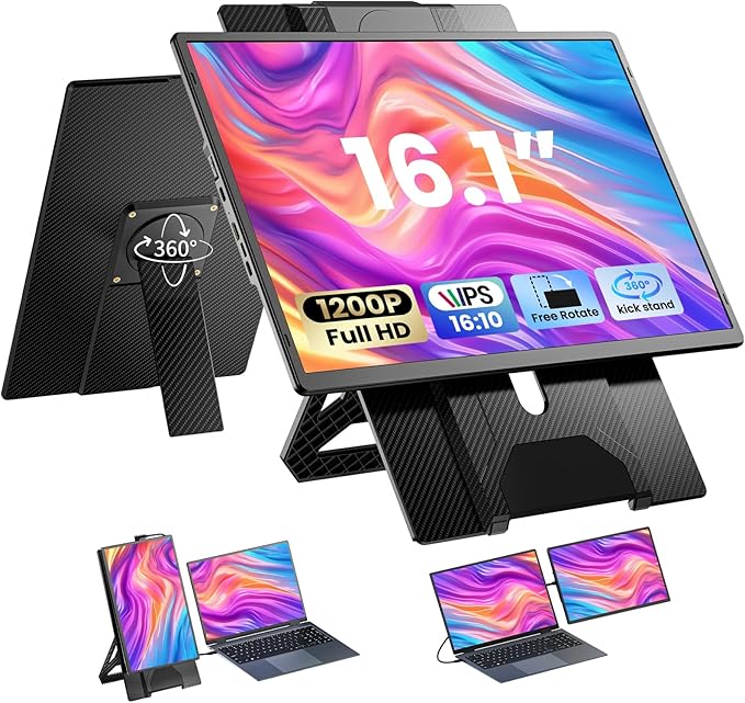 Laptop Screen Extender 16.1 1200P FHD Portable Monitor 360° Rotating Detachable Stand Height Adjustable Monitor Extender for Laptop 13-17.5 Plug-Play for Tablet PC Phone etc