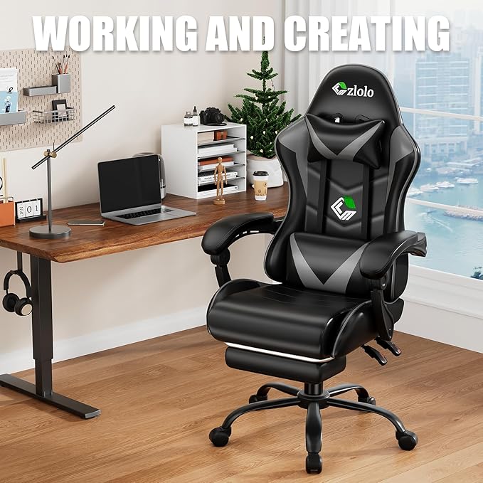 Gaming Chair with Footrest Racing Style Lumbar Support Massager Video Game Chair with Metal Legs High Back Reclining Gamer Chair with Headrest 360° Swivel Office Computer Desk Chair (Gray)