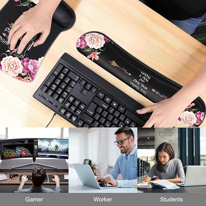 Keyboard Wrist Rest Pad and Ergonomic Mouse Pad Wrist Support Set Peony Flower Stay Positive Work Hard and Make It Happen for Gaming Office Comfortable and Pain Relief with Coaster Set