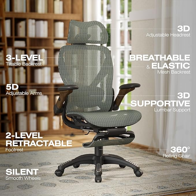 ELABEST X100 Ergonomic Mesh Office Chair with Footrest Big and Tall Hone Desk Chair with 5D Flip-Up Arms Adjustable 3D Lumbar SupportGaming &amp Executive Computer Chairs