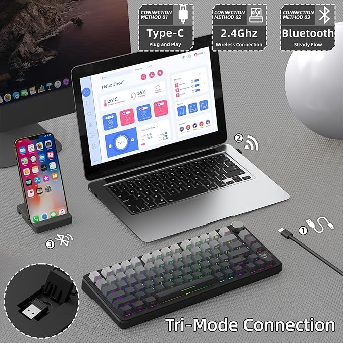 ATTACK SHARK X85PRO 75% Wireless Mechanical KeyboardTFT Smart Display &amp KnobBT/2.4GHz/Wired Gaming KeyboardSide Printed &amp 5 Color PBT KeycapsGasket RGBHot-Swapwith Pro Cable for PC/MAC