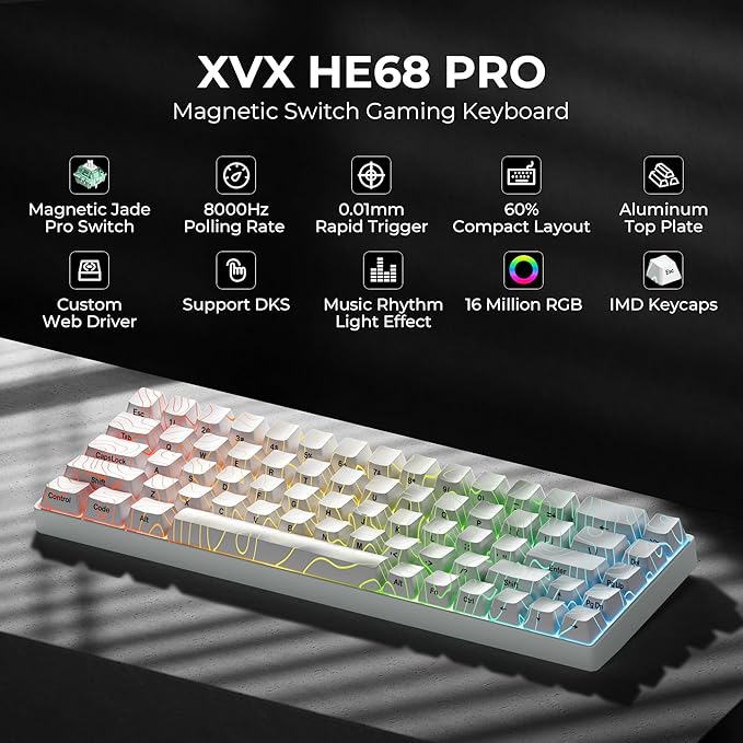 x XVX HE68 Pro Rapid Trigger Keyboard 60% PercentHall Effect Keyboard with Gateron Magnetic Jade Pro SwitchCNC Aluminum Frame Topographic Custom Mechanical Key Board for PC/Laptop/Xbox/PS4/PS5White