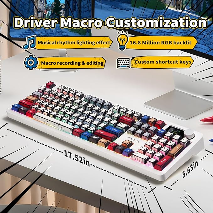 AULA F106 PRO Wireless Mechanical KeyboardFull Size Gaming Keyboard with Hot Swappable Knob &amp ScreenTri-Mode RGB Backlit with 8000mAh for PC/Laptop/Windows - Blaze SwitchComic Mix