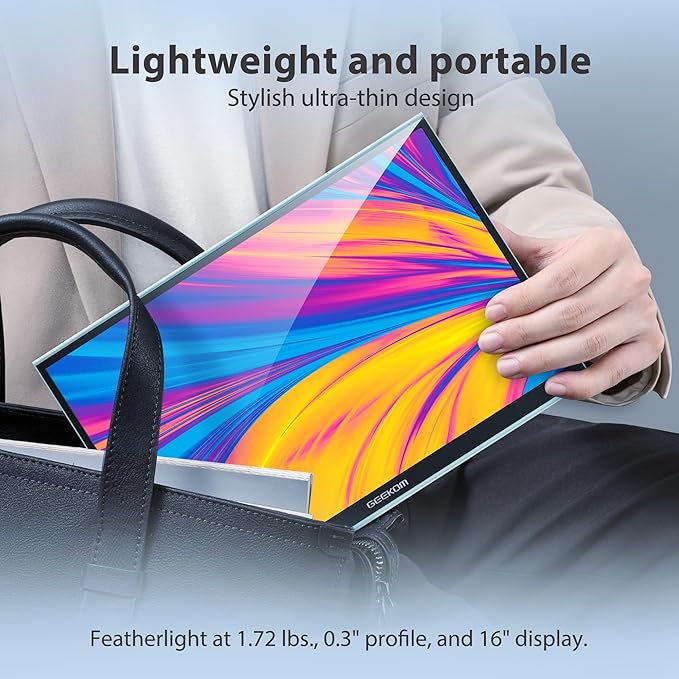 GEEKOM Portable Monitor（2026） 16'' 1200P FHD Laptop Monitor USB C HDMI Computer Display HDR Eye Care External Screen w/Smart Cover for PC Mac Laptop Phone