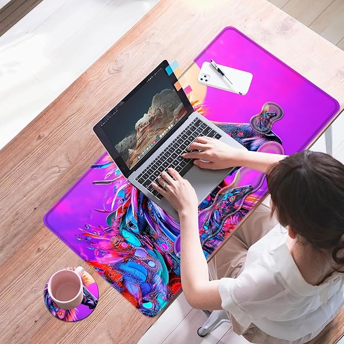 Mouse PadLarge Desk Mat Set 4in1 XL Mousepad + Keyboard Wrist Rest+Mouse Wrist Rest+Coaster with Ergonomic Desk Pad for Home Office Table Computer Cover -Colorful Horse