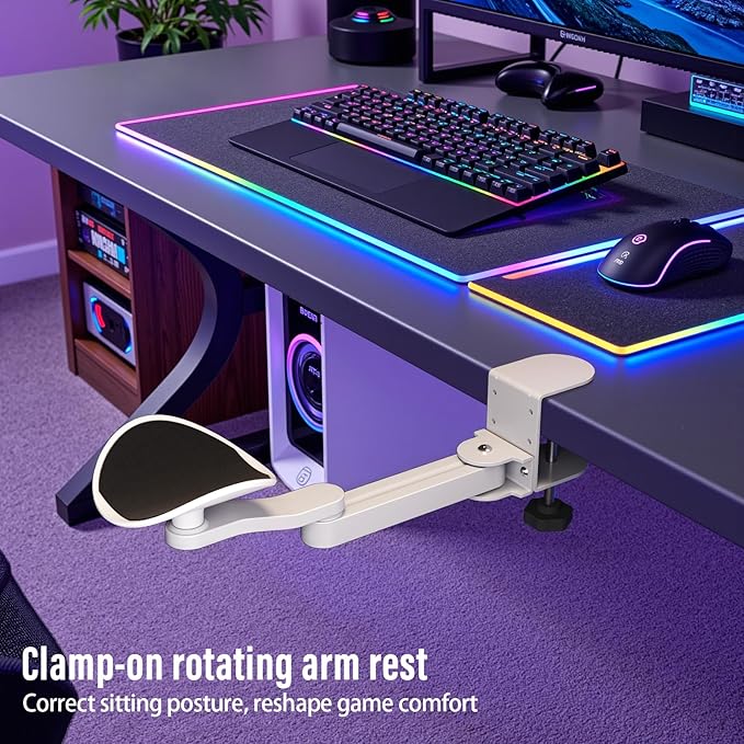 Ergonomic Arm/Elbow Rest for Desk - Foldable Rotatable Elbow Support for Computer Desk Office &amp Gaming Comfort (White)