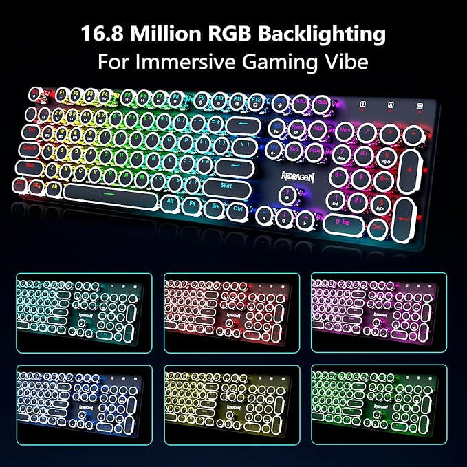 Redragon Typewriter Keyboard Wireless Mechanical Gaming Keyboard Bluetooth/2.4Ghz/Wired RGB LED Backlit Rechargeable Blue Switch - Clicky Solid Metal Panel Round Keycaps Black