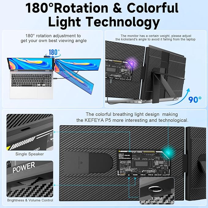 KEFEYA Laptop Screen Extender 15.6 FHD 1080P IPS Laptop Monitor Extender Detachable Portable Monitor for Laptops 13-17.3 with Breath Light Plug n Play for Windows/Mac/Android/Switch/PS5