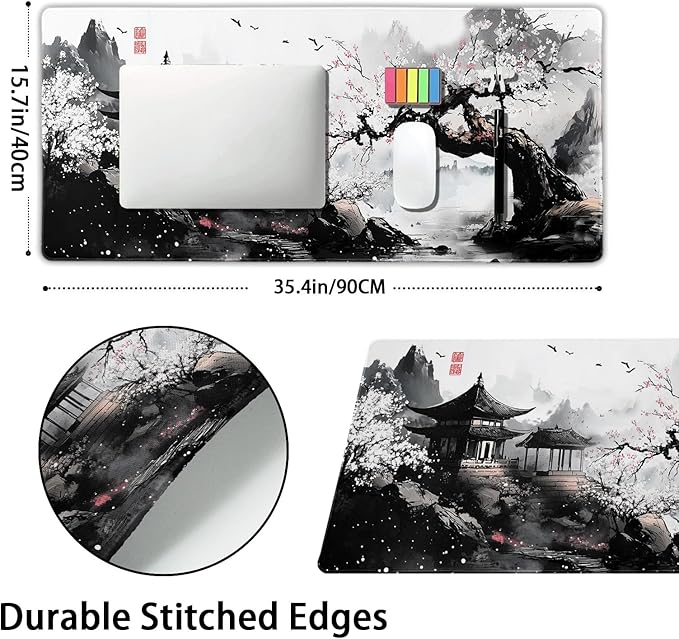 Black Whtie Japanese Gaming Mouse Pad XXL Anime Sakura Cherry Blossom Tree Extended Large Mat Mousepad Desk Pad Non-Slip Rubber Base Stitched Edge Keyboard Pad Playmat for Computer35.4×15.7 Inch