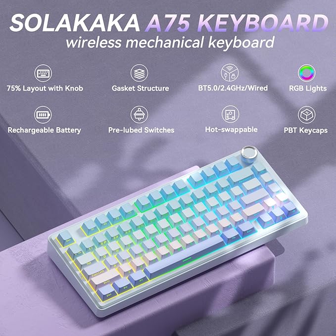 SOLAKAKA A75 Wireless Mechanical Keyboard Hot Swappable Gaming Keyboard with RGB Backlit Multifunction Knob Gasket Mounted Creamy Keyboard BT5.0/2.4GHz/USB-C 75% Compact Layout for Win/Mac/PC