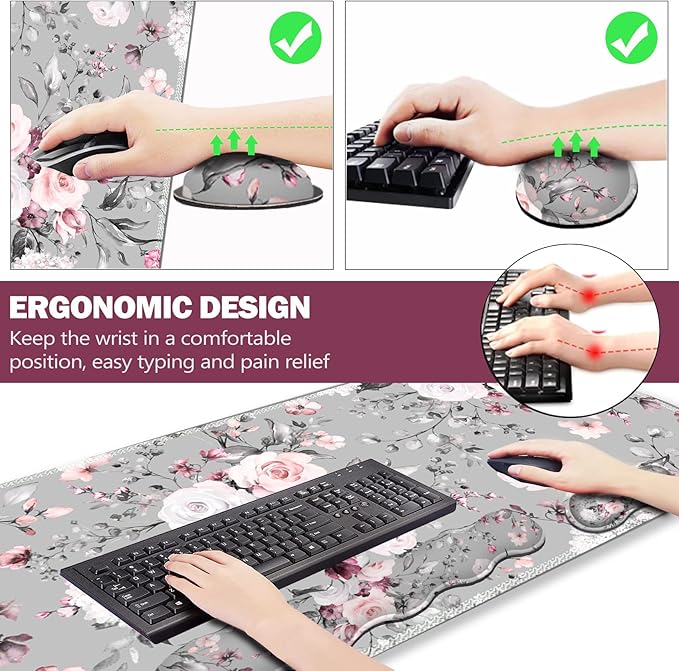 Upgraded Extended Gaming Mouse Pad Keyboard Wrist Rest Pad Wrist Support Mousepad Set Artso Large Stable Rubber Base Stitched Edges Multifunctional Desk Pad (35 x15.5 in) for Work Game Grey Rose