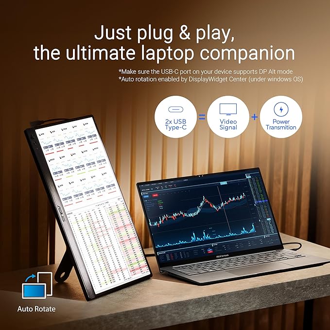 ASUS ZenScreen 16” Portable USB Monitor (MB169CK-P) - Full HD IPS Dual USB-C Eye Care Flicker Free Blue Light Filter Anti-Glare Surface 360° Kickstand 3 yr Warranty