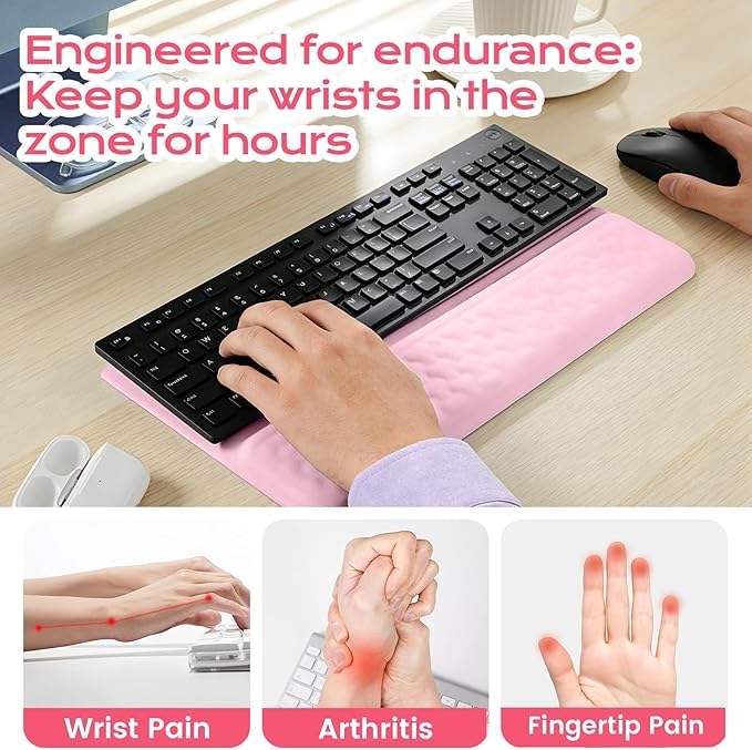 Keyboard Wrist Rest with Ergonomic Height - Computer Keyboard Stand &amp Soft Cushioned Pad for Wrist Pain Relief - Non-Slip Typing Support for Office Gaming &amp Home (Pink)