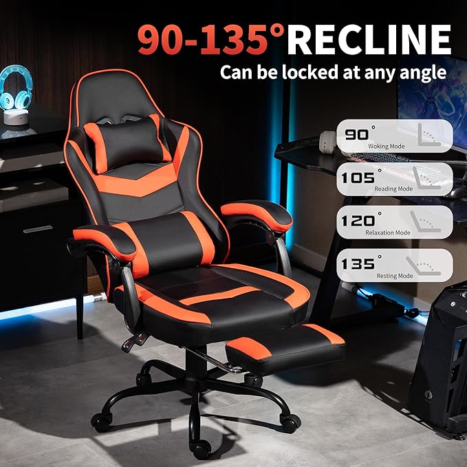 Gaming Chair with Footrest for Adults - Ergonomic Gaming Chairs with Foot Rest - Big and Tall Computer Game Chair - PU Leather Reclining Video Game Chairs with Spring Cushion - Black/Red
