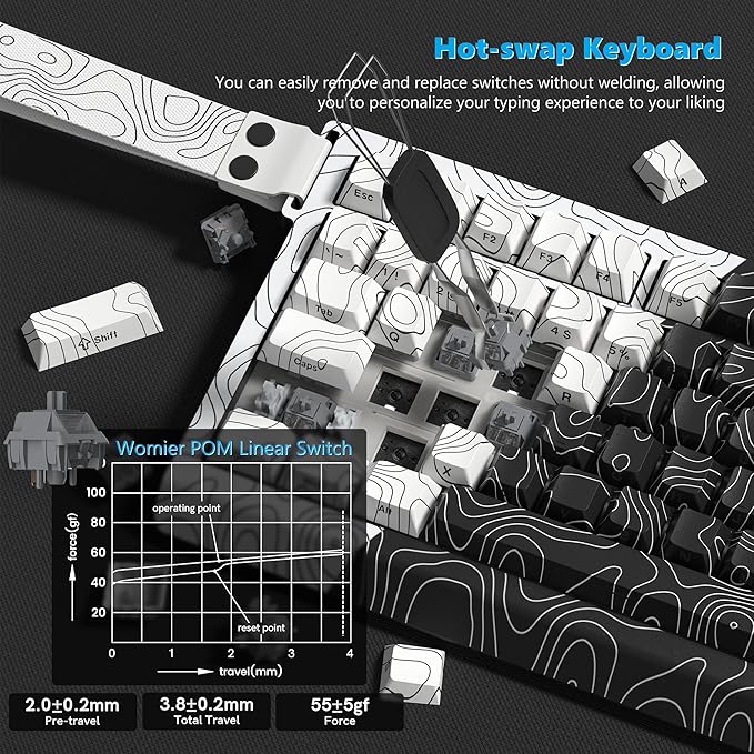 Womier 75% Wireless Mechanical Gaming Keyboard with Topographic StrapQMK/VIA Creamy Keyboard RGB Custom Hot Swappable Key Board PBT Keycaps for Windows &amp Mac - POM Linear Switch(Q75)