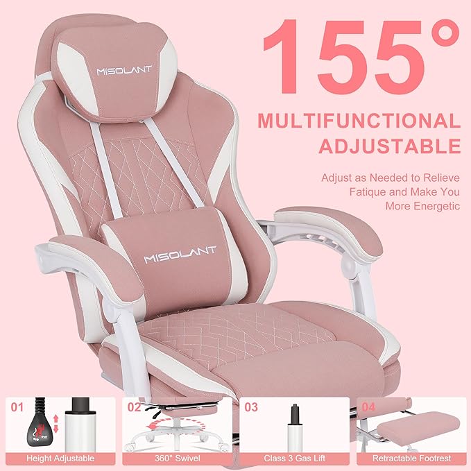 Misolant Gaming Chair Fabric Gamer Chair with footrest for Adults High Back Ergonomic Computer Game Chair with Adjustable Headrest and Massage Lumbar Support 90-155° Recline Free Pink