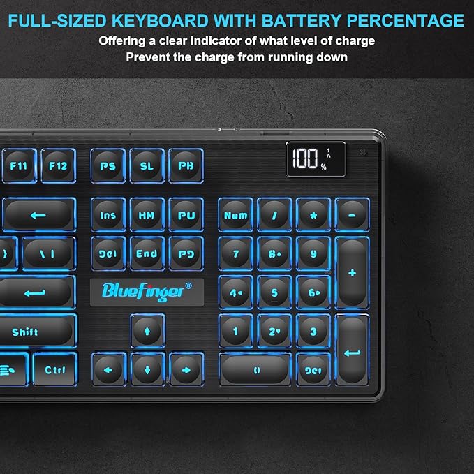 BlueFinger Wireless Gaming Keyboard and Mouse Combo Upgrade Battery Percentage Display Rechargeable Slim Gaming Keyboard Mouse Set Light Up Full-Size Keyboard Silent Mouse Set for Computer Laptop
