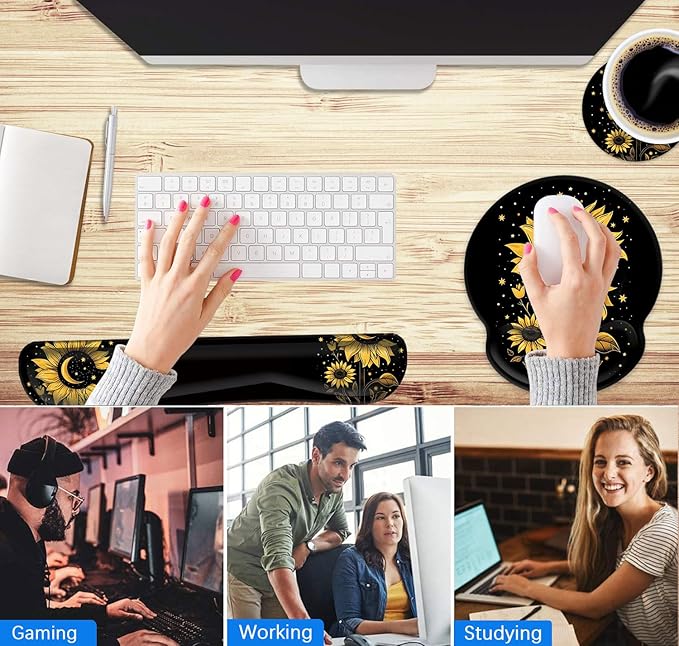 Mouse Pad Wrist Support and Keyboard Wrist Rest Pad with CoasterNon-Slip Rubber Base Ergonomic Gaming Mousepad for Home Office Working Studying Easy Typing &amp Pain ReliefSunflower Moon Star
