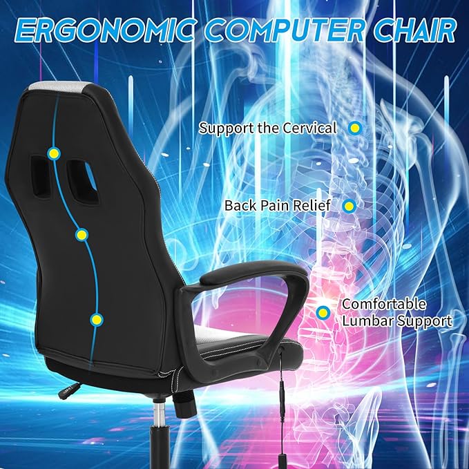 Video Gaming Chair with Massage Function Ergonomic Computer Desk Chairs Home Office Desk Chair with Lumbar Support Adjustable Height Swivel Wheels White
