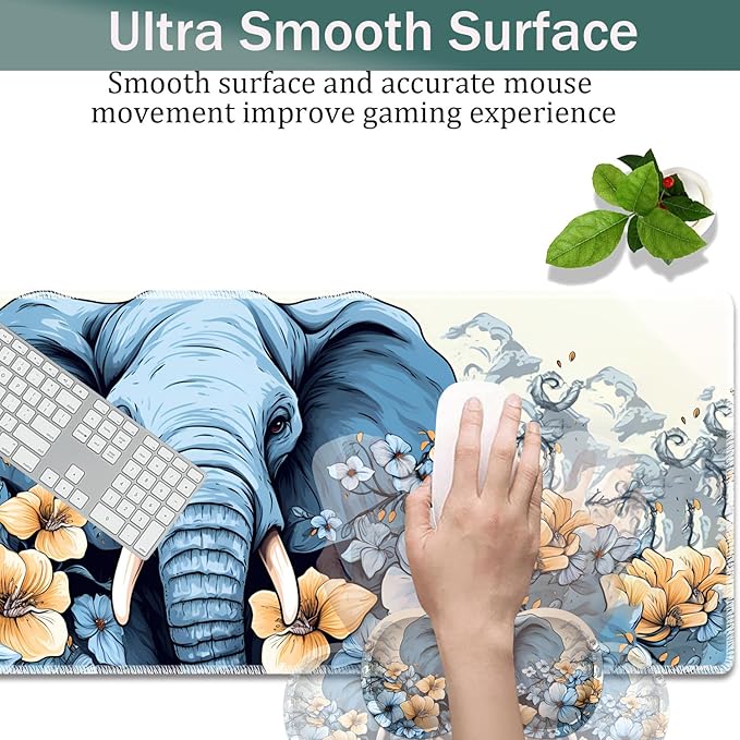 Large Game Mouse Pad + Wrist Support Pad + Coffee Coaster Desk Pad with Sewn Edges Anti-Slip Set pad Suitable for Office Work and Home - Elephant Blue Flowery