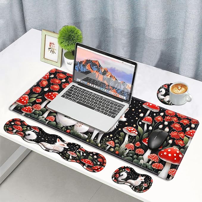 4 in 1 Ergonomic Memory Foam Mouse Pad Wrist Rest Set Large XXL Gaming Desk Pad + Keyboard Wrist Rest + Mouse Wrist Cushion + Coaster for Home Office Study Gaming White Fox Mushroom