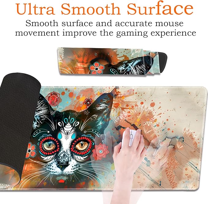 Large Gaming Mouse Pad Keyboard Wrist Rest Pad + Mouse Wrist Pad + Coaster 4 in 1 Set Extended Waterproof Non-Slip Desk Mat Suitable for Office Home Learning Games Artistic Cat Face