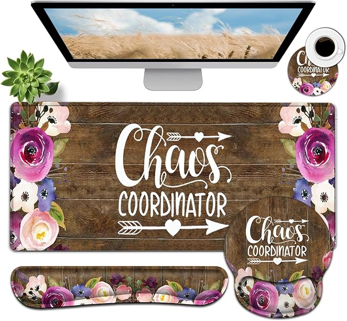 Large Mouse Pad Ergonomic Mouse Pad with Wrist Rest and Keyboard Wrist Rest 4 in 1 Set 31.5 x11.8 inch Extended Desk Pad for Home OfficeChaos Coordinator Quotes Watercolor Floral Gaming Mouse Mat