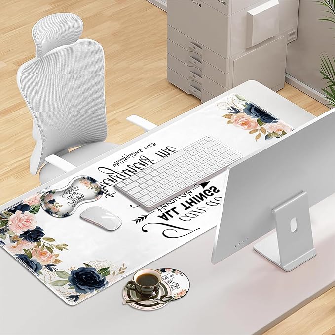 3-in-1 Large Mouse Pad Gaming Set (31.5 x 11.8 inch)+ Wrist Rest Pad + Coaster Memory Foam Gel Wrist Rest Pad for Pain Relief Stitched Edges Non-Slip Table Mat Bible Phil 4-13 Floral