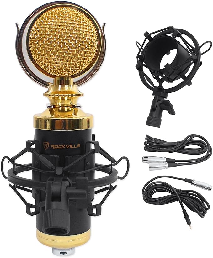 Rockville RCM02 Pro Studio Condenser Microphone Cardioid Pattern All-Aluminum Chassis with Steel Basket Dual Connectivity XLR and 3.5mm Shock Mount Cables for Recording and Podcasting