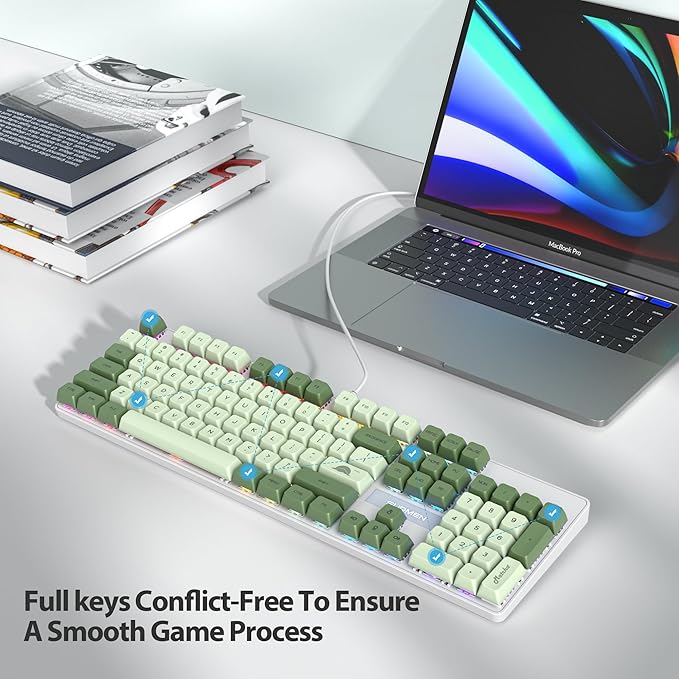 surmen Sage Green Mechanical Gaming Keyboard– 104 Key Full Size Wired Keyboard with Number Pad Thocky &amp Creamy Sound RGB Backlit Anti-Ghosting – Quiet Red Switch for PC Gamers &amp Typists (104