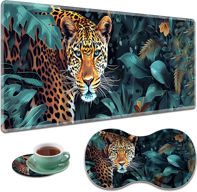 Large Gaming Mouse Pad + Mouse Wrist Rest Pad + Coaster Combination 31.5 x 11.8 Durable Non-Slip Extension Table Mat Suitable for Office and Home Leopard Jungle