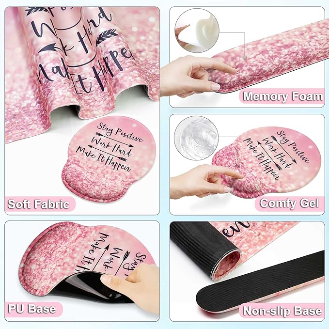 Desk Mat Set + Keyboard and Mouse Pad with Wrist Rest Support4-in-1 Large Mousepad Computer Mats for Desktop Home &amp Office-Glitter Pink