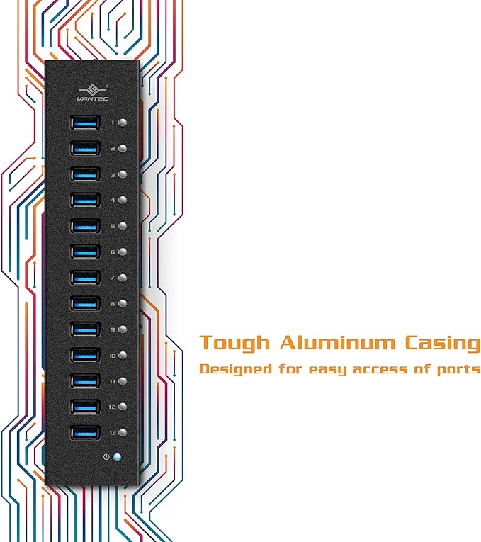 13-Port USB 3.0 Aluminum Hub (All Data/Charging BC 1.2) 12V/5A Premium Power Adapter (UGT-AH131U3-BK)