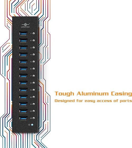 13-Port USB 3.0 Aluminum Hub (All Data/Charging BC 1.2) 12V/5A Premium Power Adapter (UGT-AH131U3-BK)