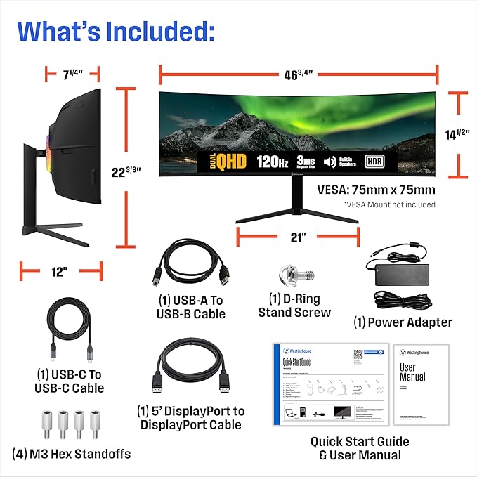 Westinghouse 49 Inch Curved Ultrawide QHD Gaming Monitor AMD FreeSync Premium Low Motion Blur R1800 Curve 5120x1440 for PC Games with Built in Speakers 2X DisplayPort 2X HDMI USB C