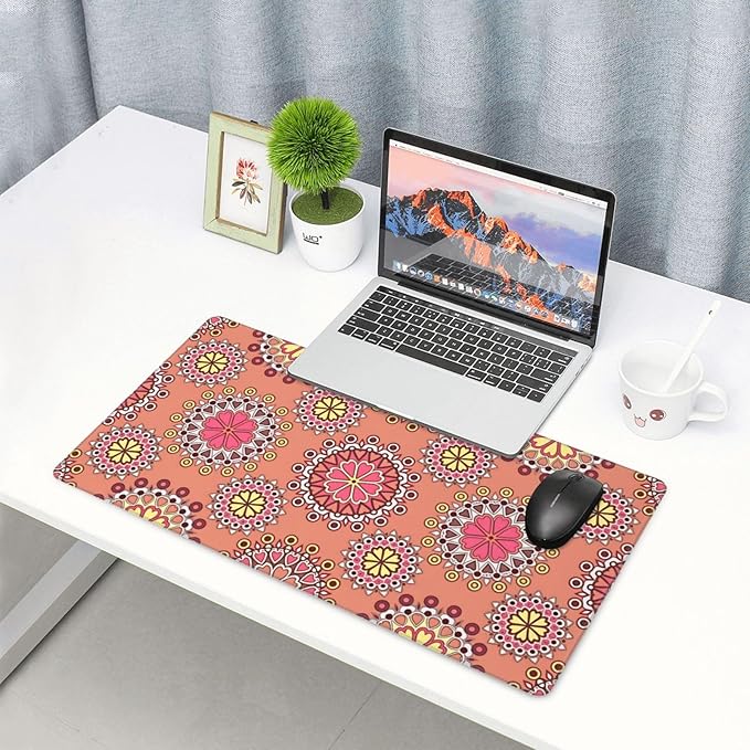 Pink Boho Floral Desk Cover MatExtended Large Mouse PadComputer Laptop Mat Desk Decor for Office Game Home 30x16 Inch