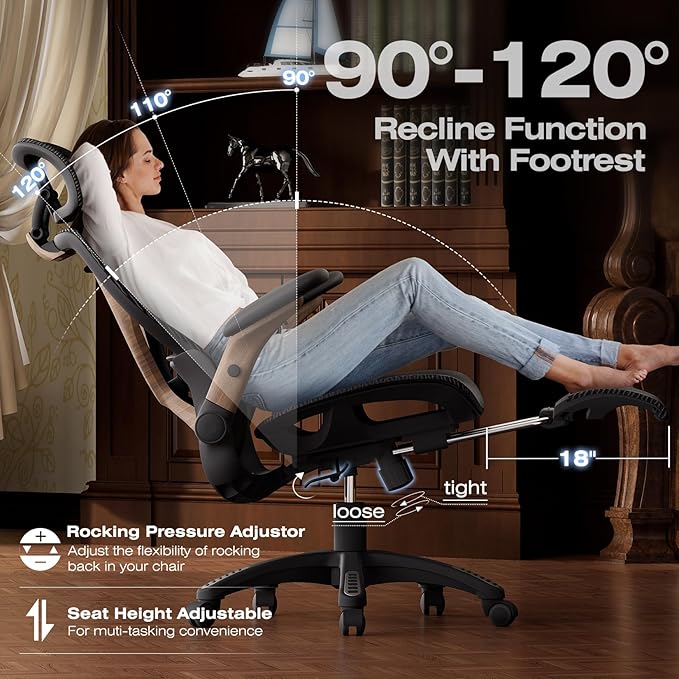 ELABEST X100 Ergonomic Office Chair with Footrest Big and Tall Home Desk Chair with 5D Flip-Up Arms Adjustable 3D Lumbar SupportHigh Back Rolling Computer Chair Swivel Mesh Chairs (Library Oak)